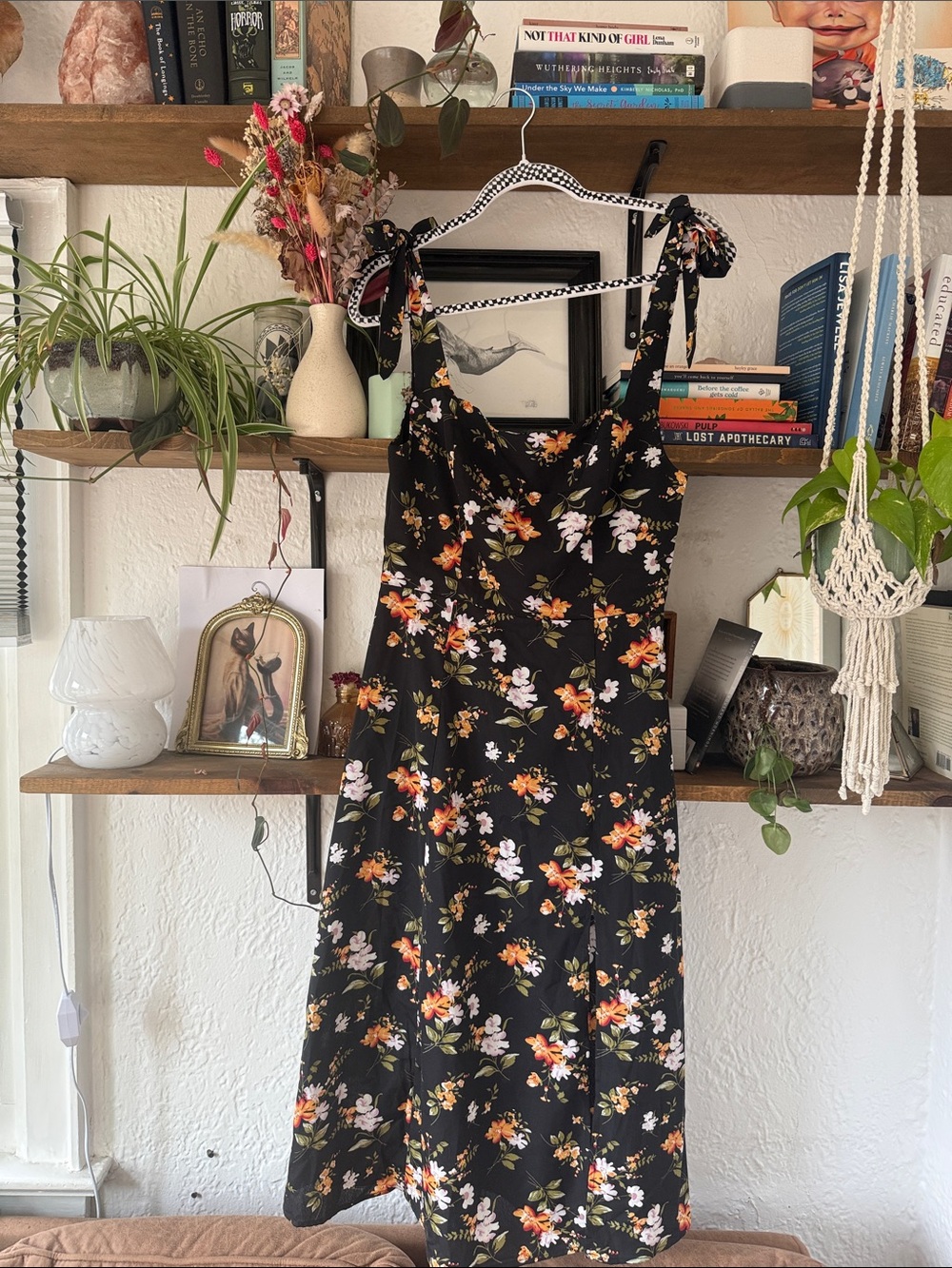 Cider Black Floral Tie-Shoulder Midi Dress